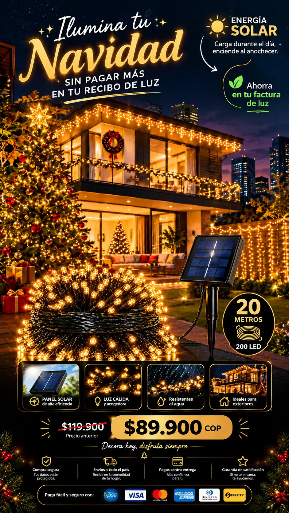 Luces navidad panel solar 200 led